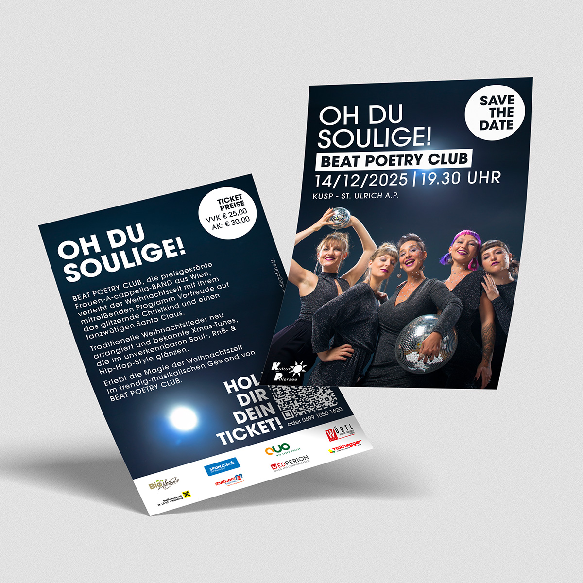 Flyer zum Weihnachtskonzert Oh du Soulige mit Bandfoto und Konzertdesign